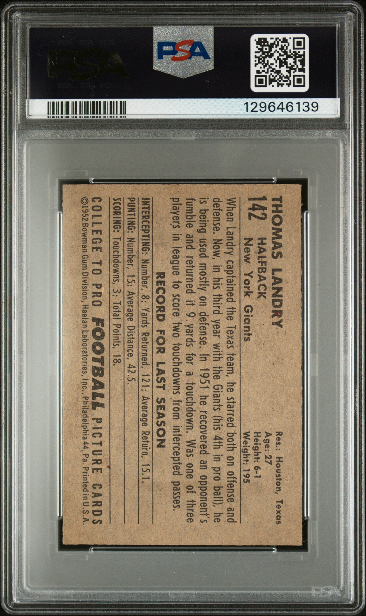 1952 Bowman Small #142 Tom Landry Giants PSA 6