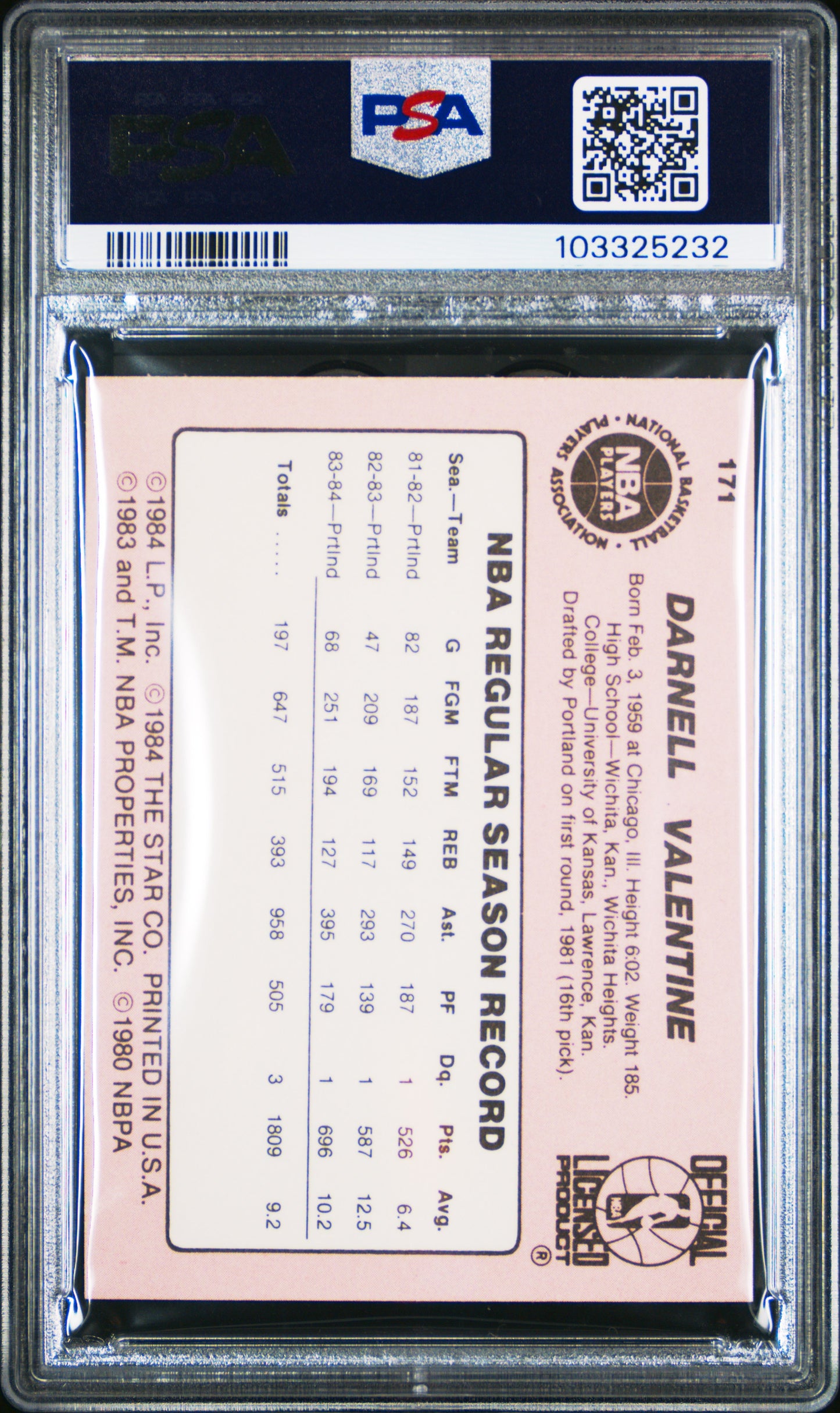 1984 Star #171 Darnell Valentine Trailblazers PSA 8 (OC)