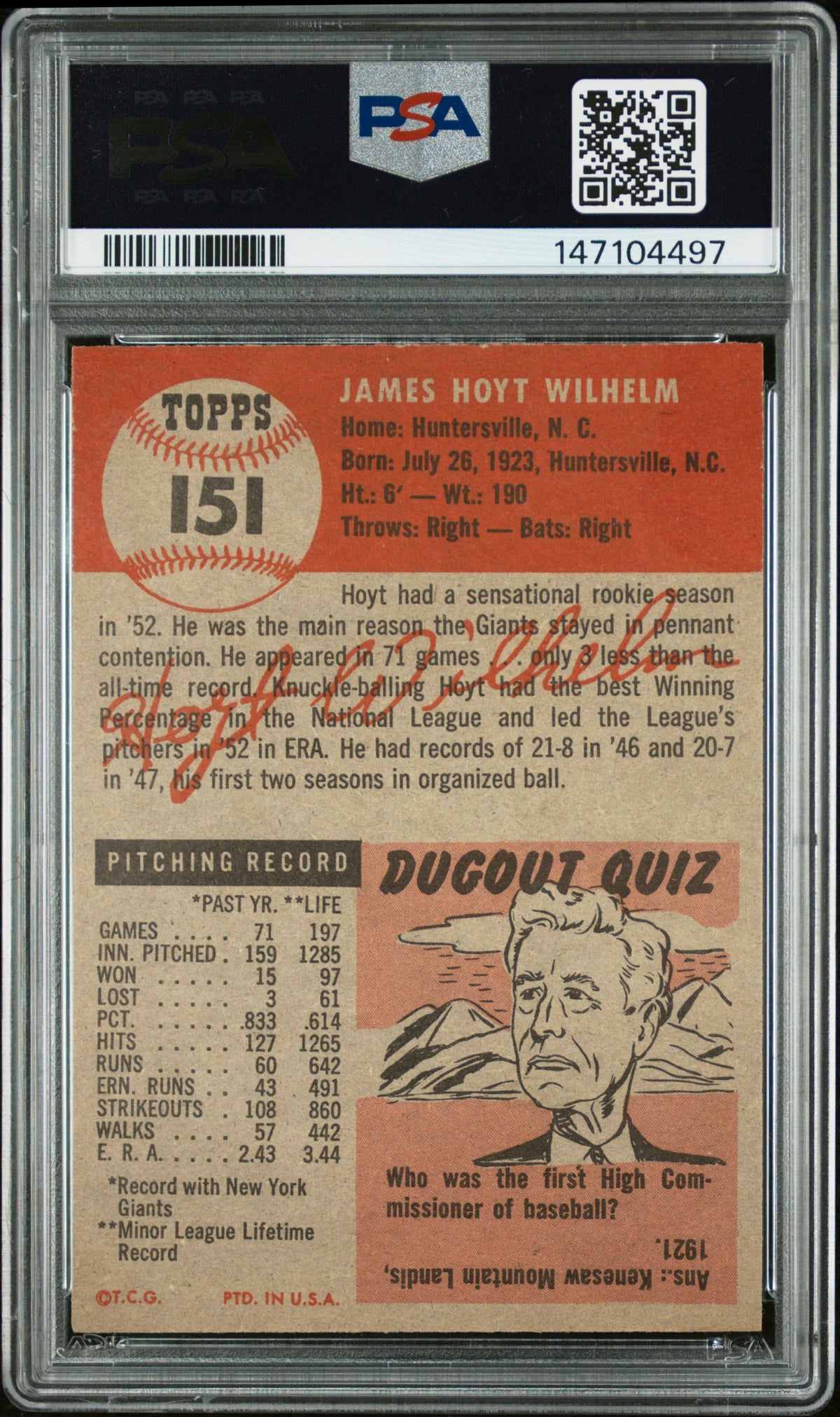 1953 Topps #151 Hoyt Wilhelm Giants PSA 8
