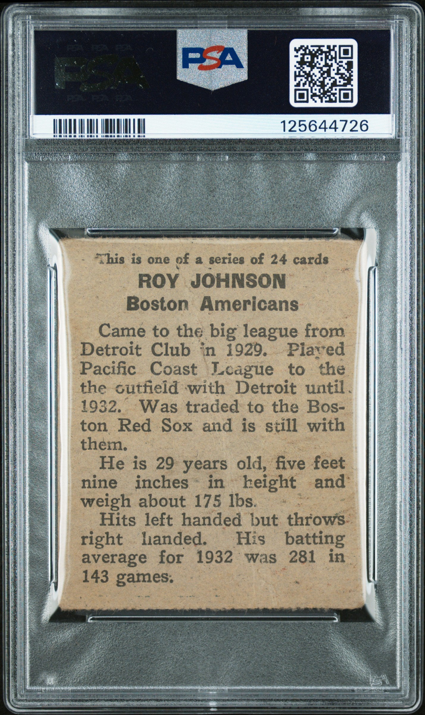 1933 Eclipse Import Roy Johnson Red Sox PSA 1