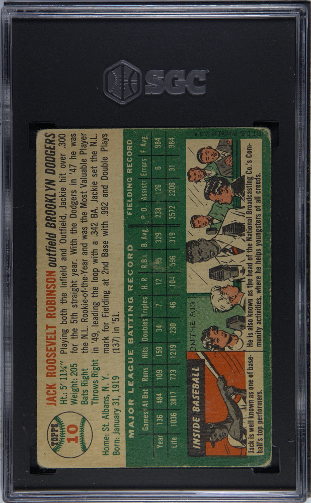 1954 Topps #10 Jackie Robinson Dodgers SGC 1.5 Well Centered