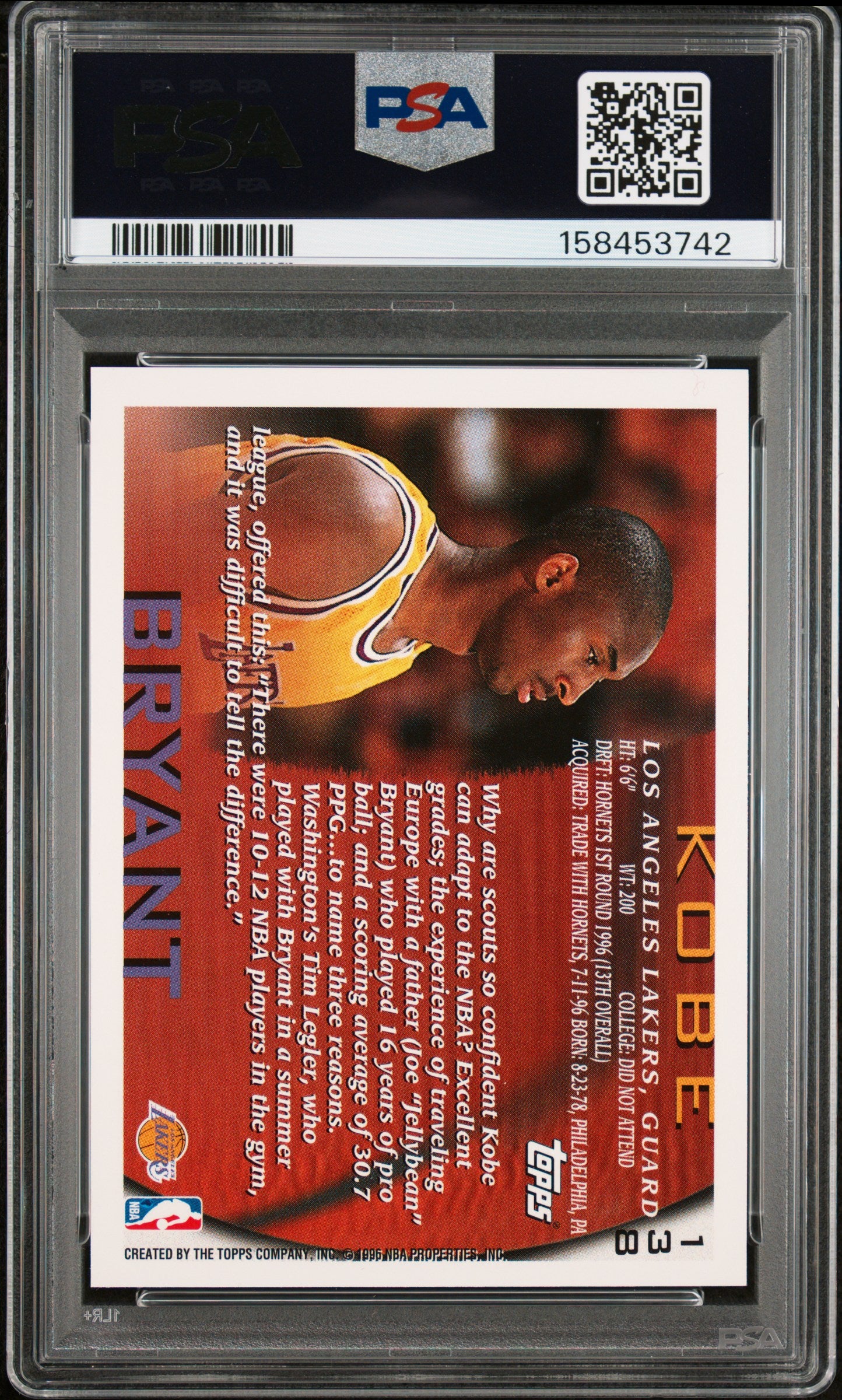 1996 Topps #138 Kobe Bryant Rookie HOF Lakers PSA 9