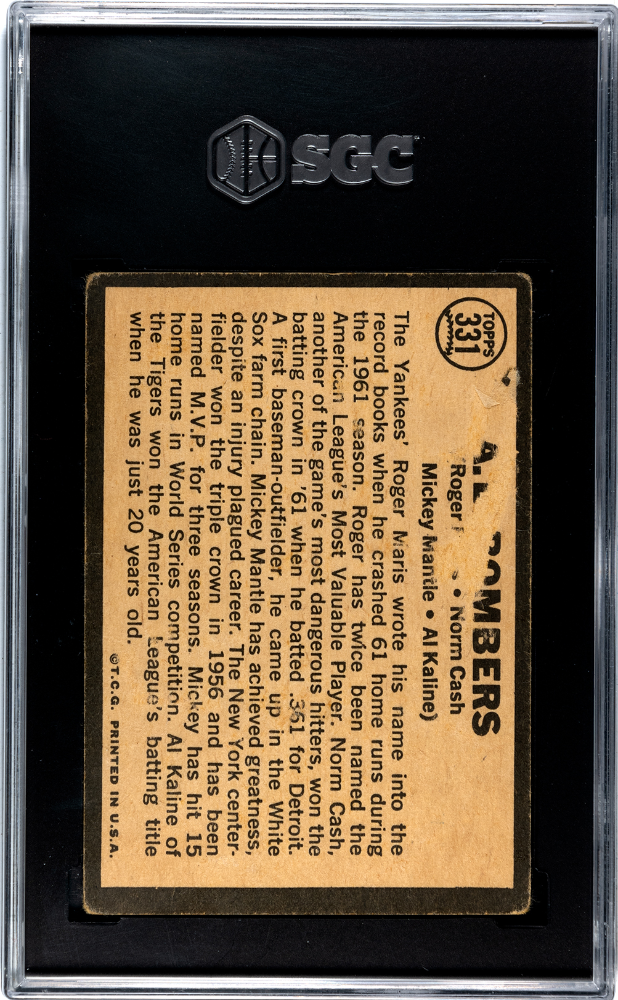 1964 Topps Venezuelan #331 A. L. Bombers with Mickey Mantle SGC 1