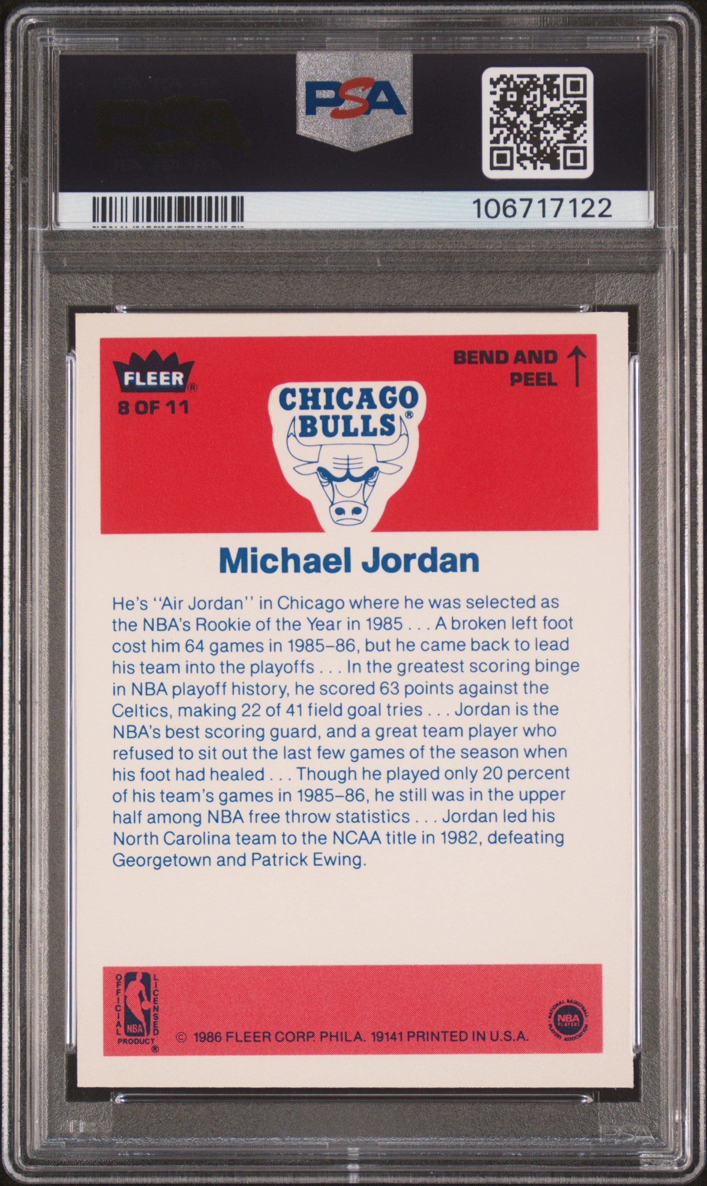 1986 Fleer Sticker #8 Michael Jordan Rookie HOF Bulls PSA 9 (ST)