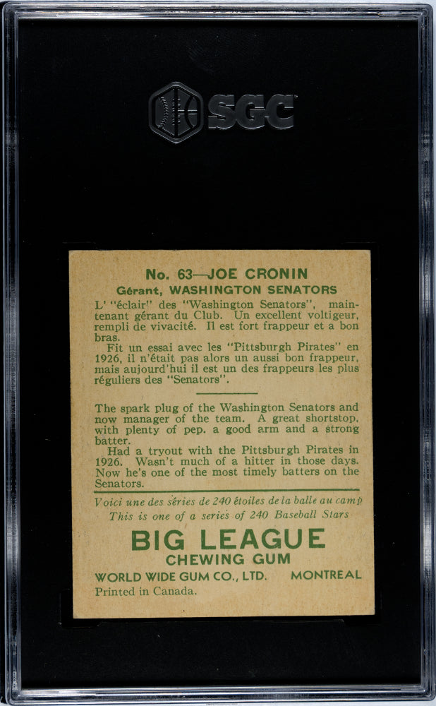 1933 World Wide Gum #63 Joe Cronin Senators SGC 3