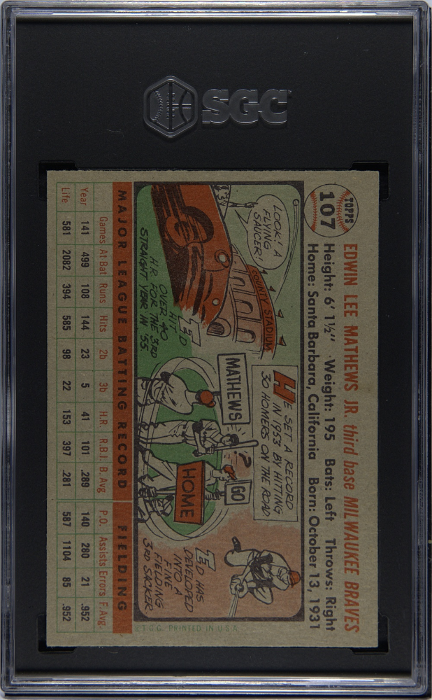 1956 Topps #107 Ed Mathews Gray Back Braves SGC 6