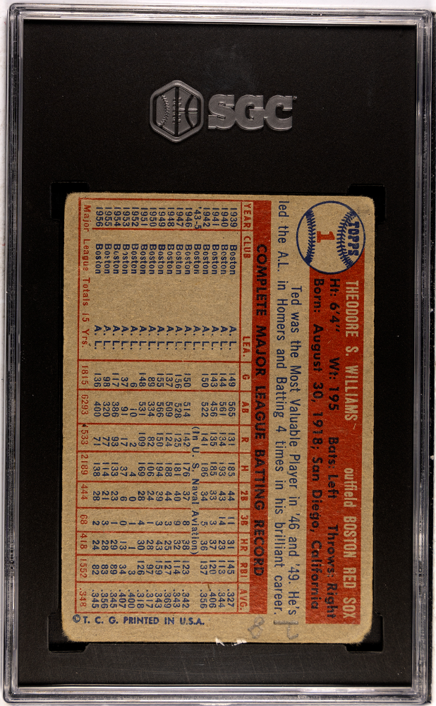 1957 Topps #1 Ted Williams Red Sox SGC 1