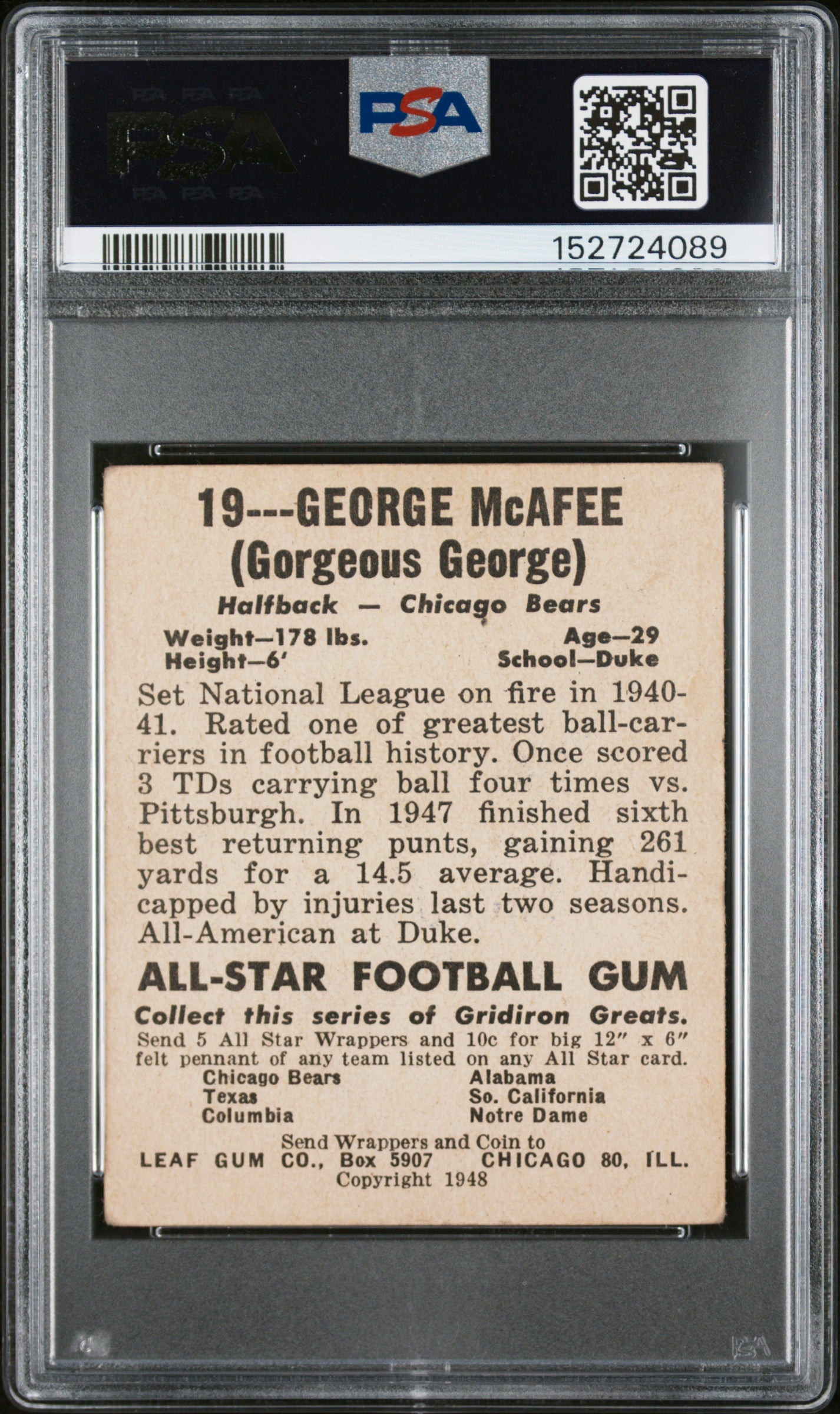 1948 Leaf #19 George Mcafee Gorgeous George On Front Bears PSA 3