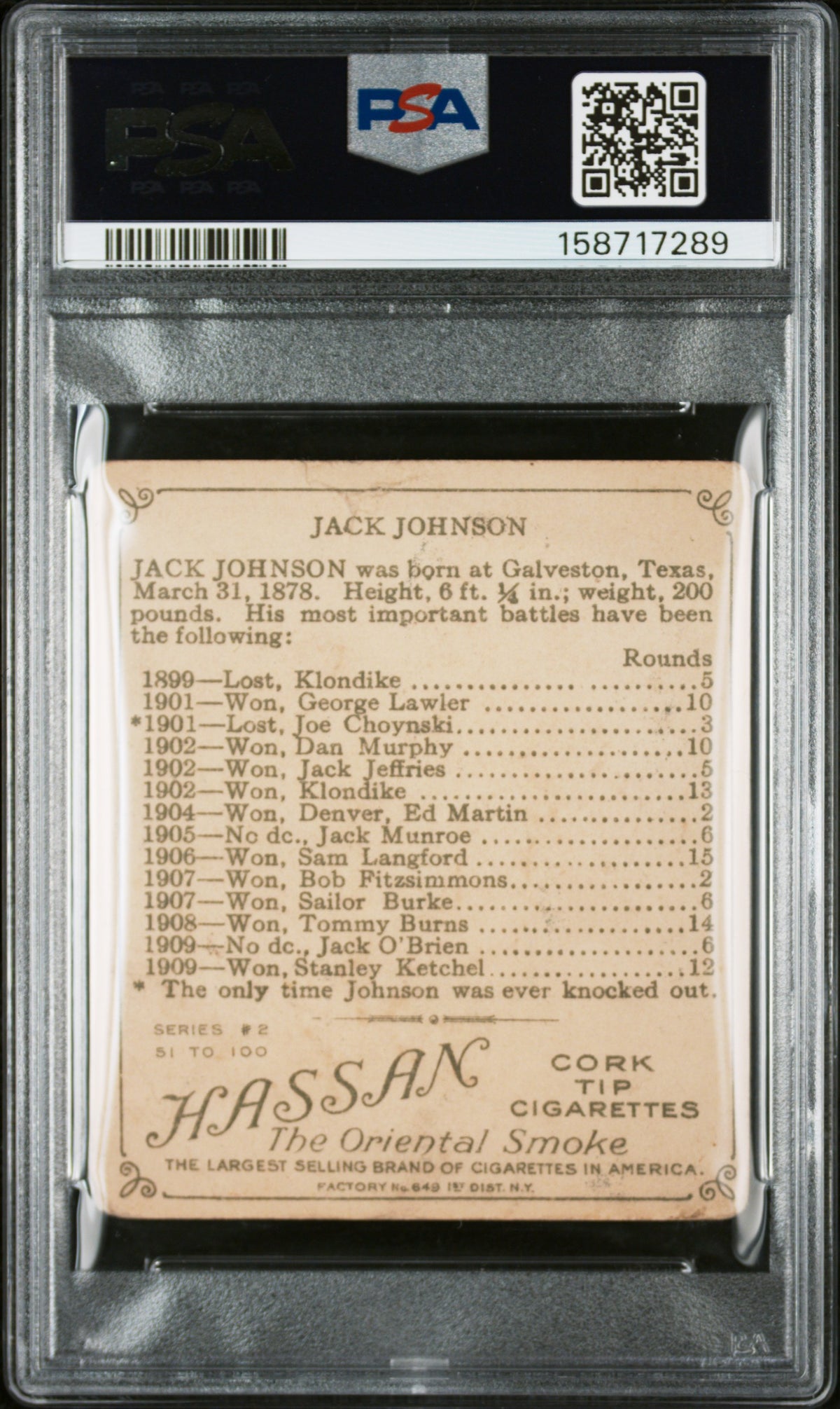 1910 T218 Champions Jack Johnson Front Face Prize Fighter PSA 1.5