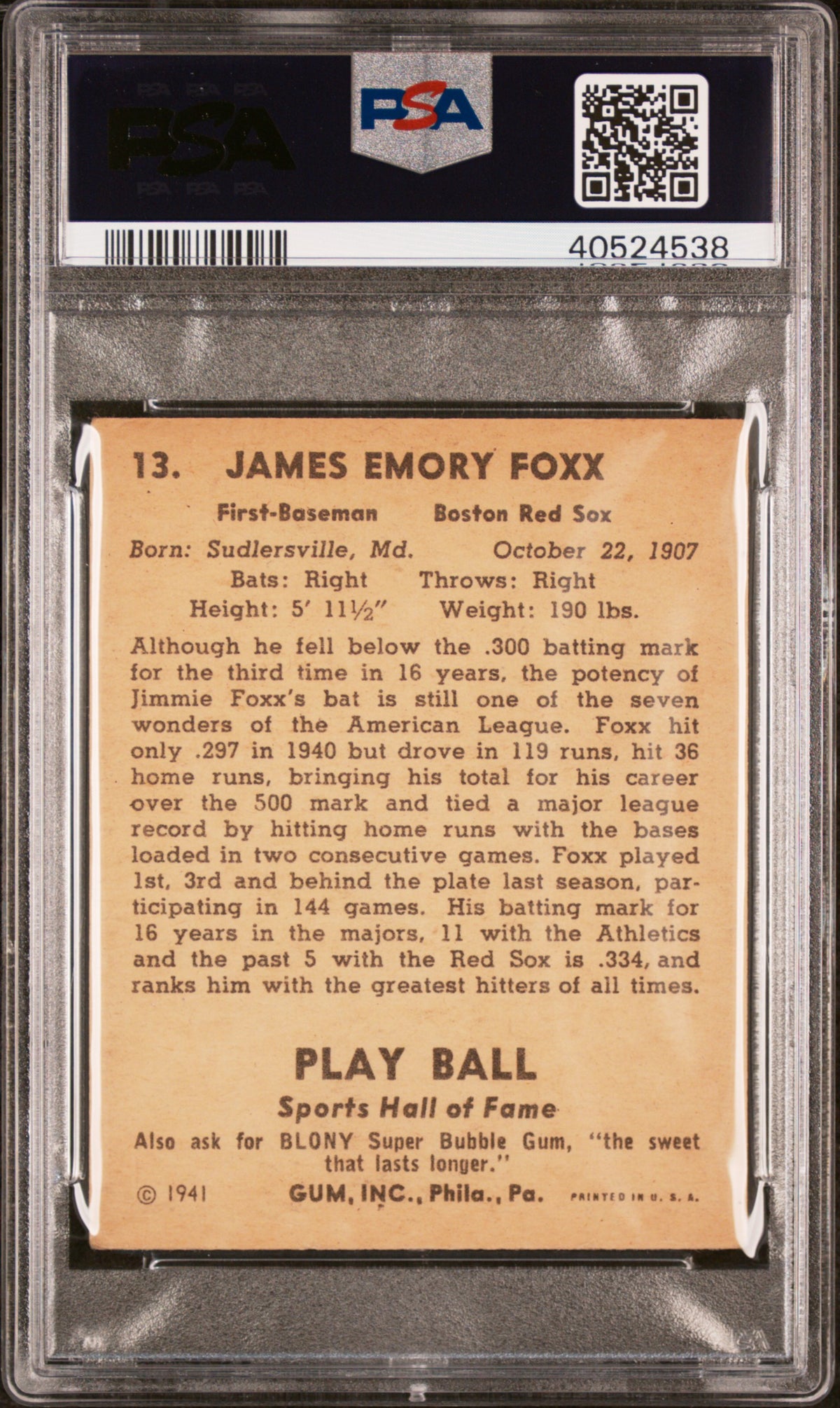 1941 Play Ball #13 Jimmie Foxx Red Sox PSA 4 Well Centered