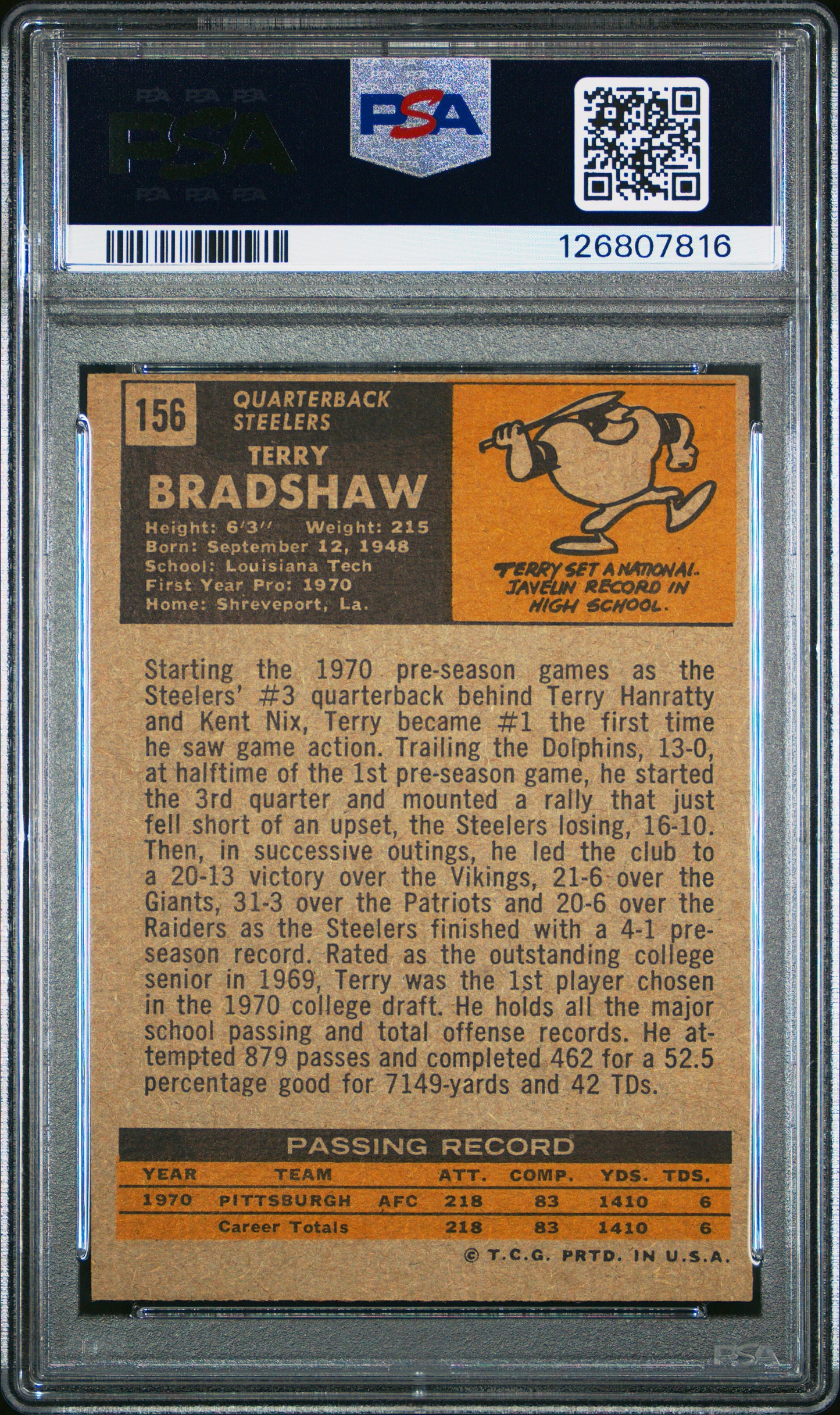 1971 Topps #156 Terry Bradshaw Rookie HOF Steelers PSA 5