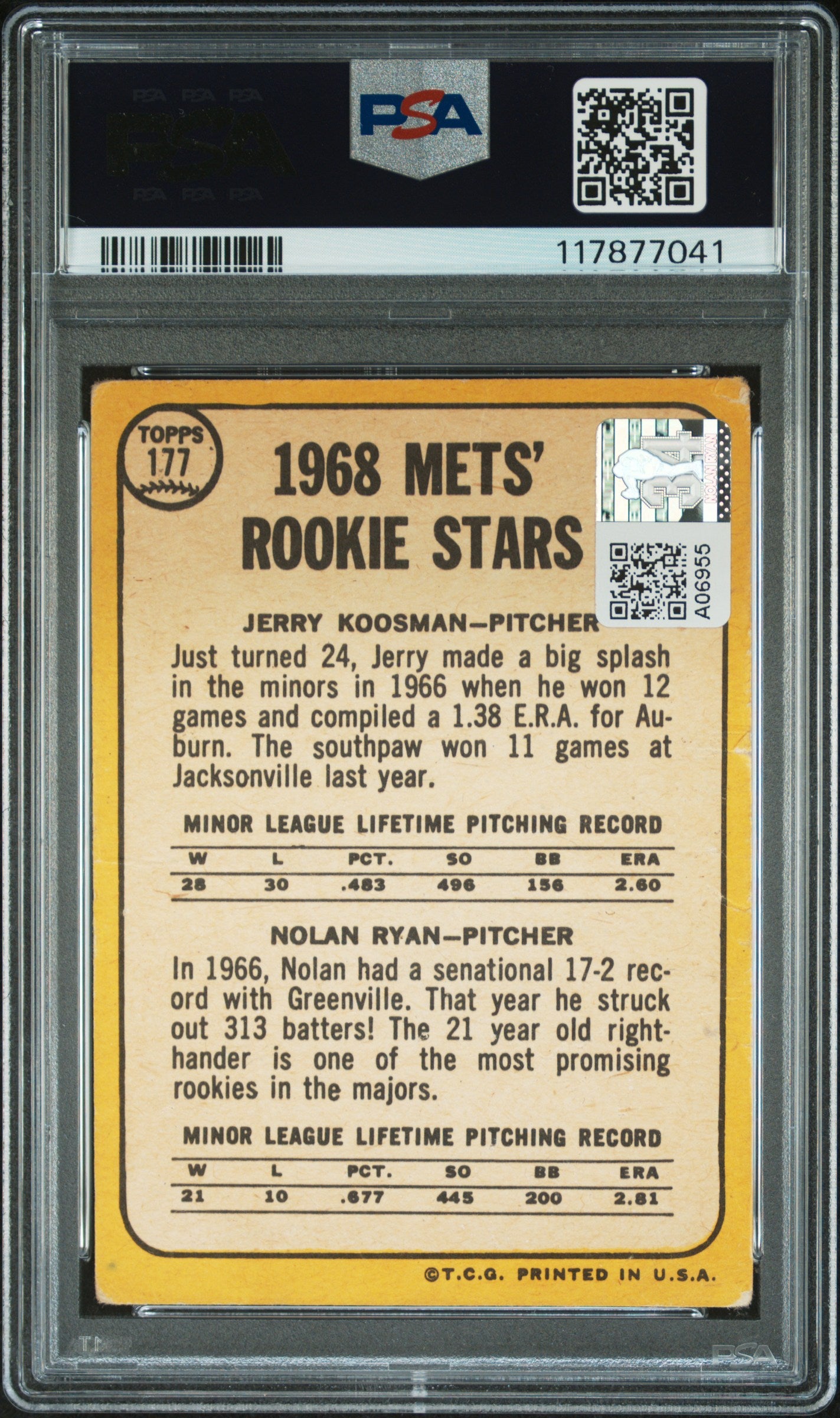 1968 Topps Milton Bradley Nolan Ryan RC HOF Signed 2 Inscriptions PSA Auto 10