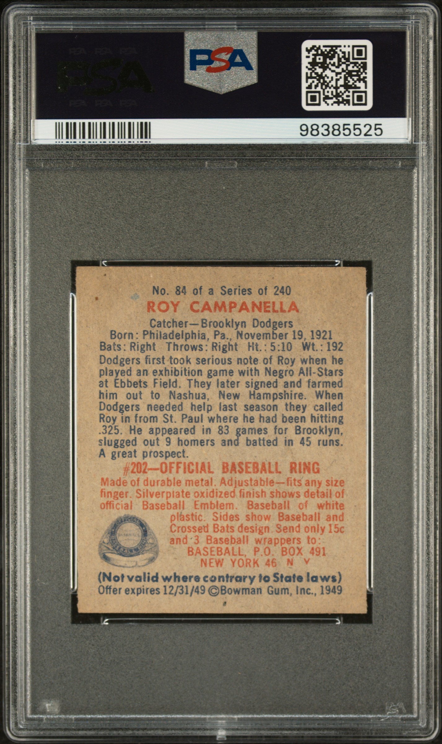 1949 Bowman #84 Roy Campanella Rookie HOF Dodgers PSA 5 MBA Silver Diamond