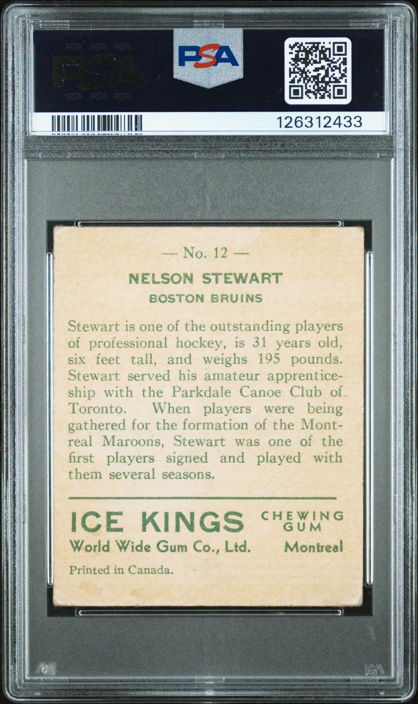 1933 World Wide Gum Ice Kings #12 Nelson Stewart Rookie HOF English Only PSA 1.5