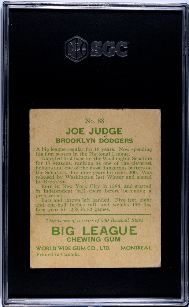 1933 Goudey World Wide Gum Co. #88 Joe Judge Dodgers SGC 3