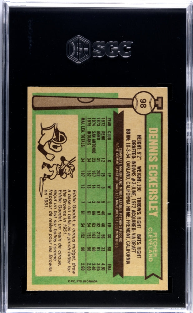 1976 O-Pee-Chee #98 Dennis Eckersley Rookie HOF Indians SGC 9 Well Centered