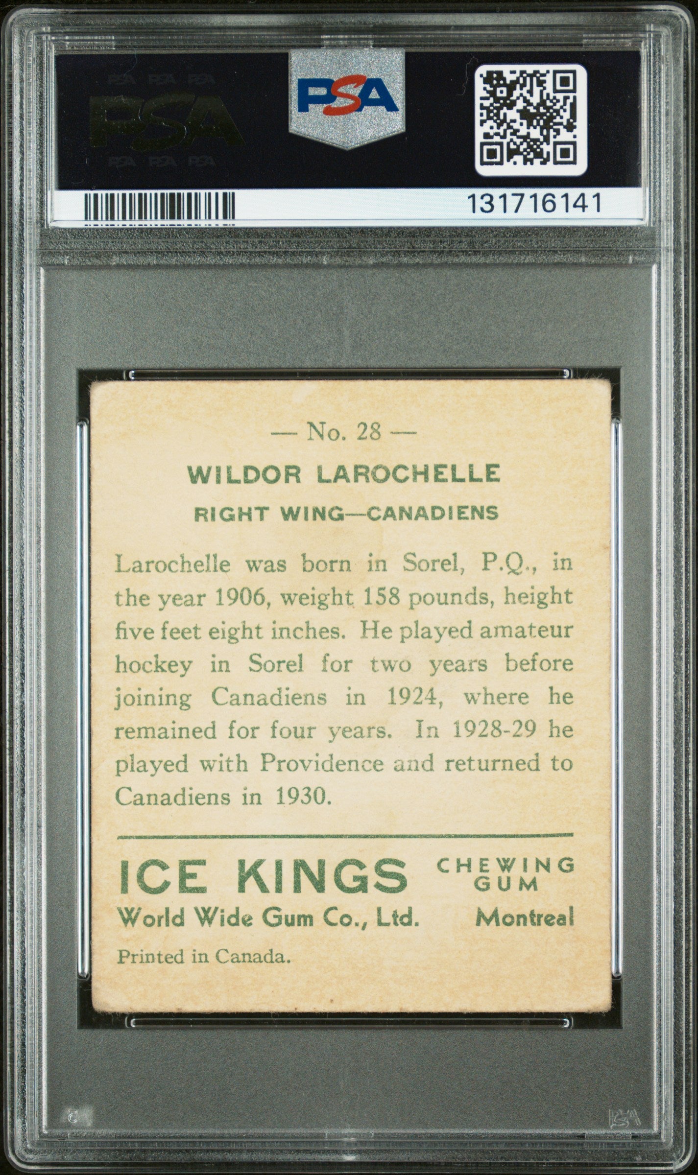 1933 World Wide Gum Ice Kings #28 Wildor Larochelle English Only Canadiens PSA 2