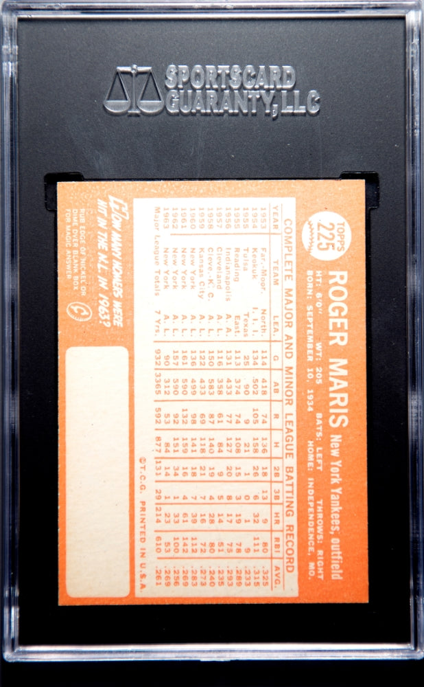 1964 Topps #225 Roger Maris Yankees SGC 8 Well Centered