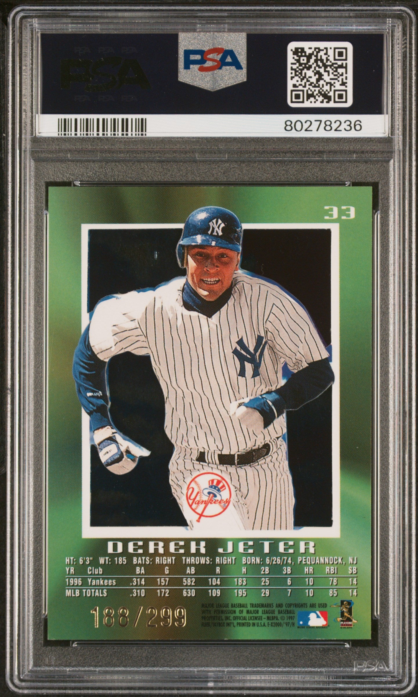 1997 Skybox E-X 2000 Credentials #33 Derek Jeter /299 Yankees PSA 9