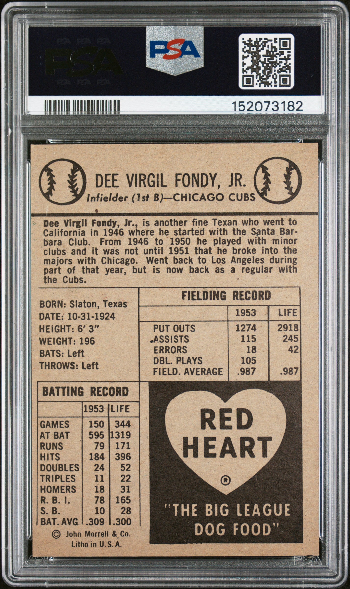 1954 Red Heart Dee Fondy Cubs PSA 5
