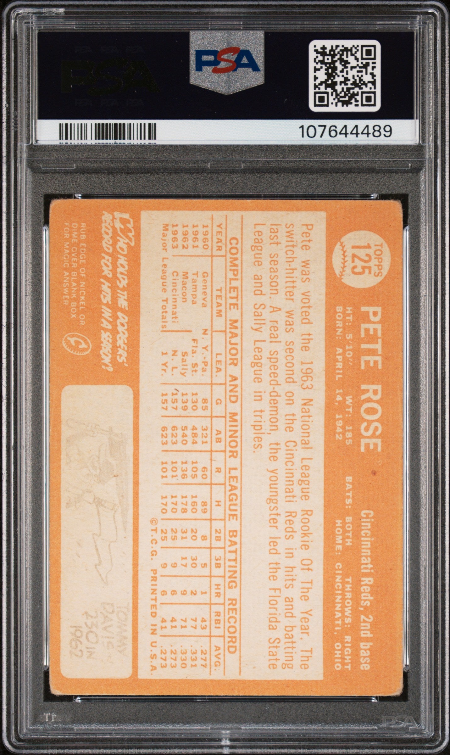 1964 Topps #125 Pete Rose 2nd Year Reds PSA/DNA Auto 10