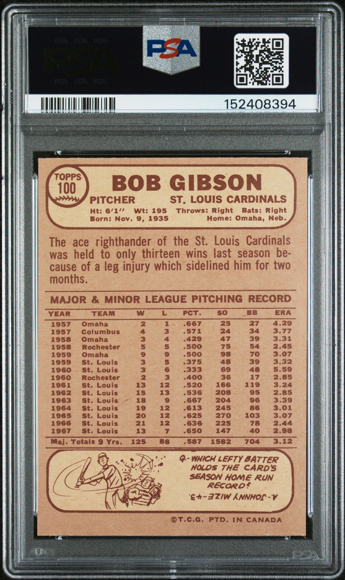 1968 OPC O-Pee-Chee #100 Bob Gibson Cardinals PSA 8