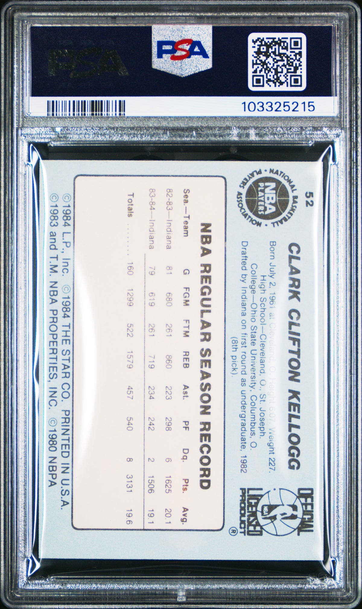 1984 Star #52 Clark Kellogg Pacers PSA 9 (OC)