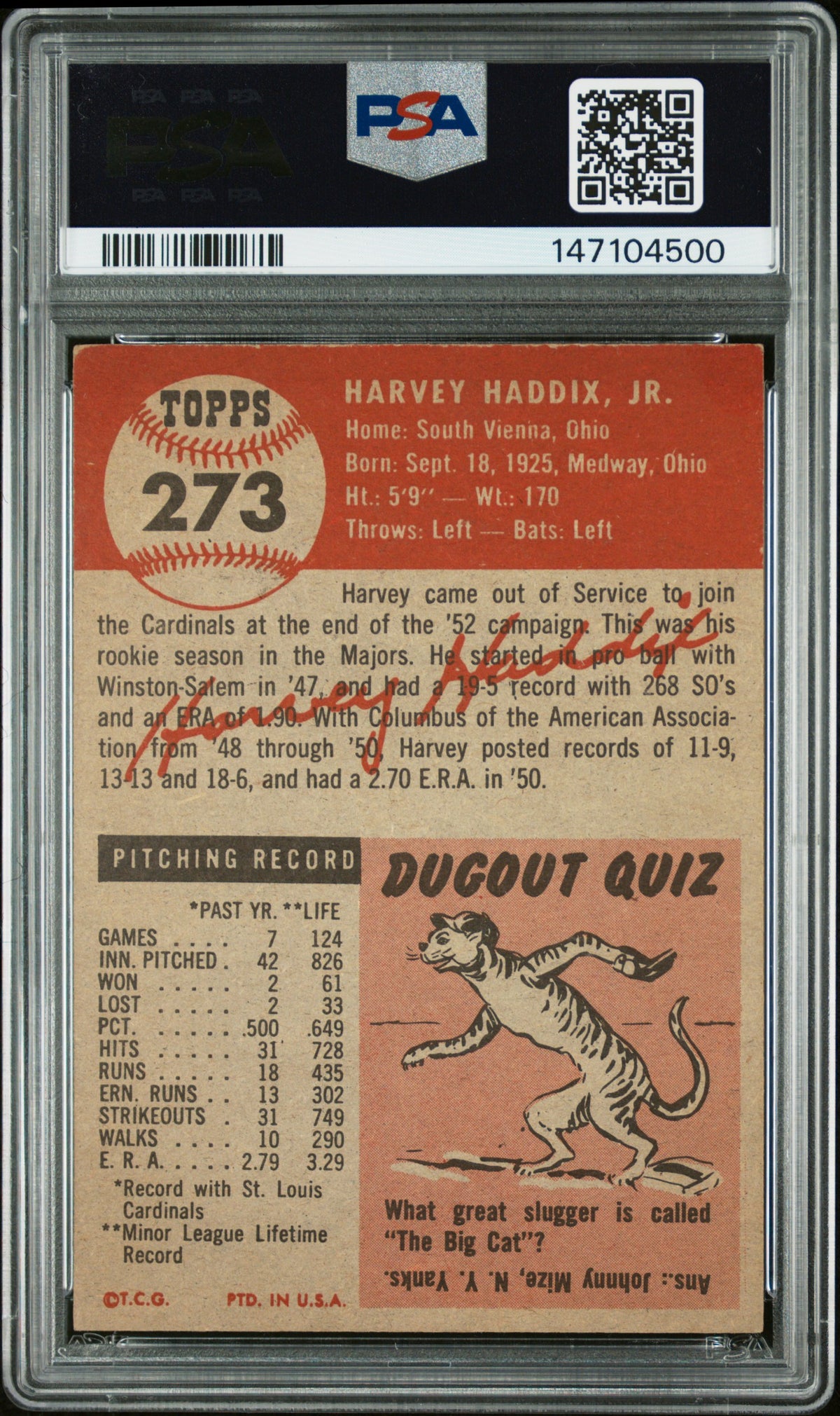 1953 Topps #273 Harvey Haddix Rookie Cardinals PSA 6