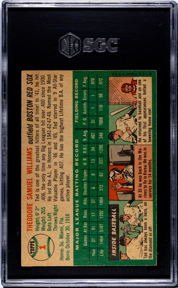 1954 Topps #1 Ted Williams Red Sox SGC Authentic Well Centered