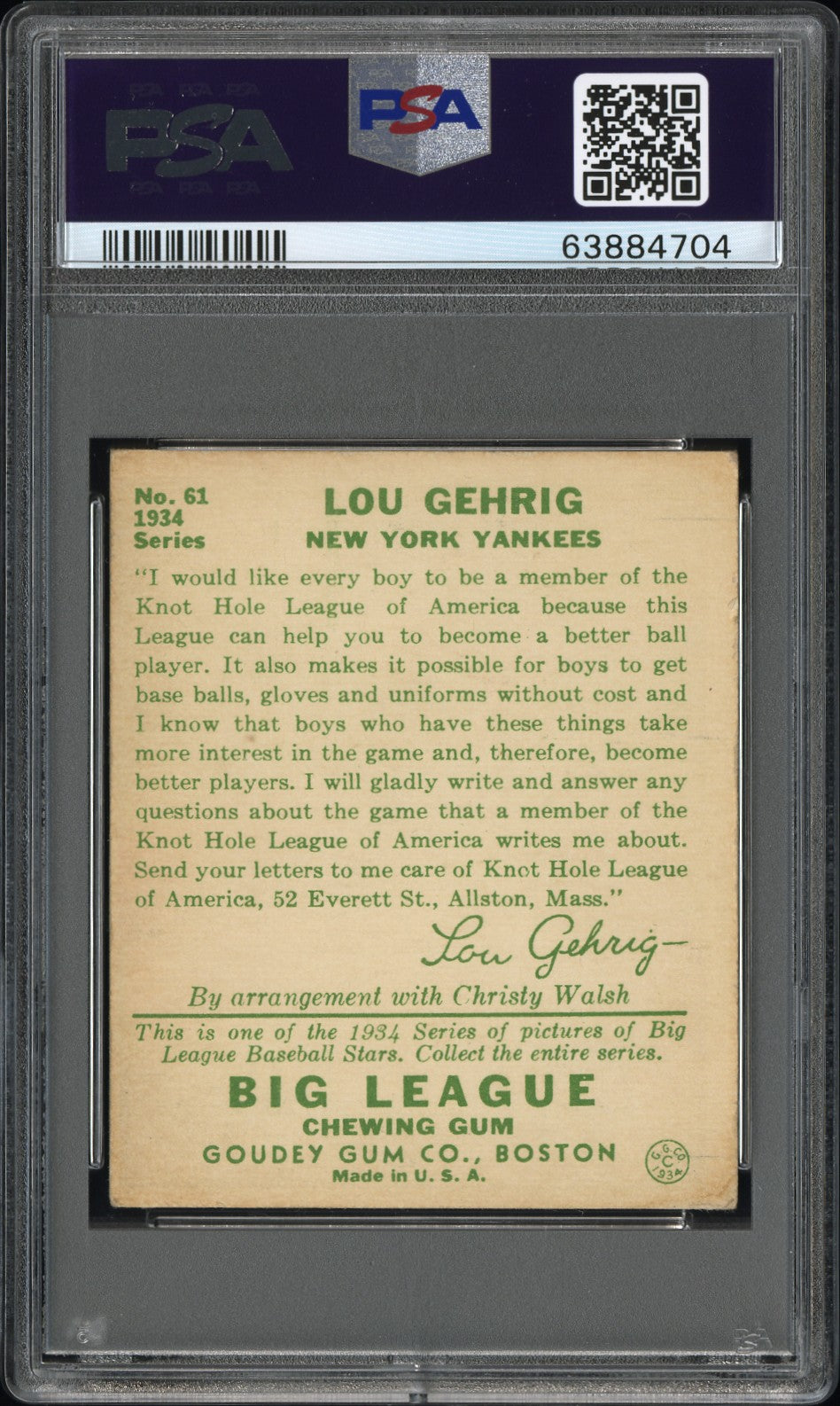 1934 Goudey #61 Lou Gehrig Yankees PSA 4