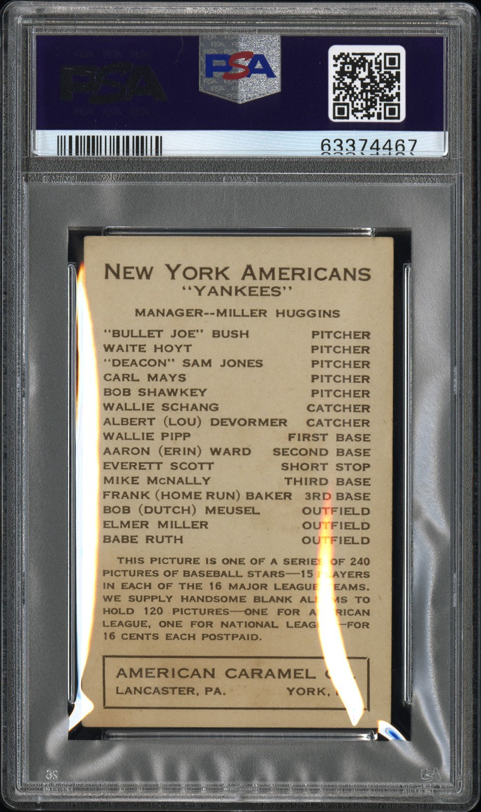 1922 E120 American Caramel Babe Ruth Yankees PSA 1