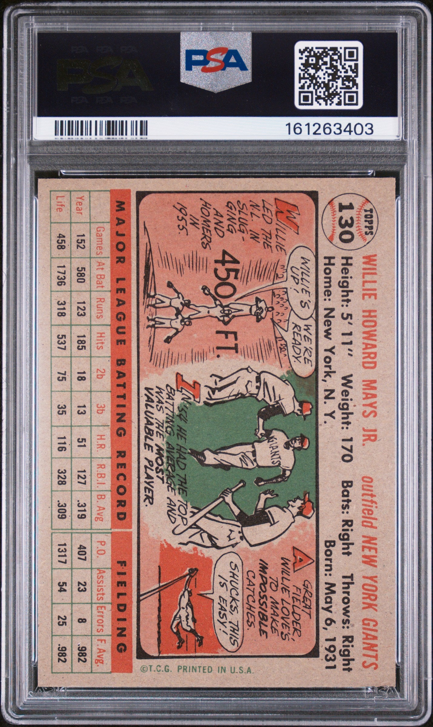 1956 Topps #130 Willie Mays Gray Back Giants PSA 6.5 Well Centered