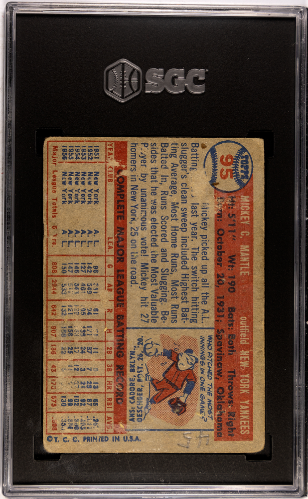 1957 Topps #95 Mickey Mantle Yankees SGC 1