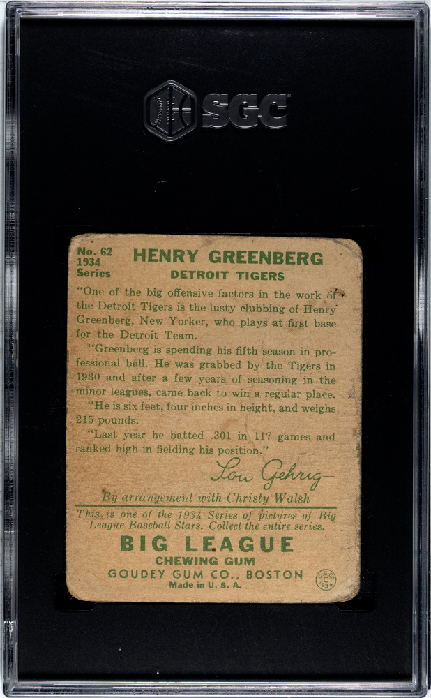 1934 Goudey #62 Hank Greenberg Rookie HOF Tigers SGC 1