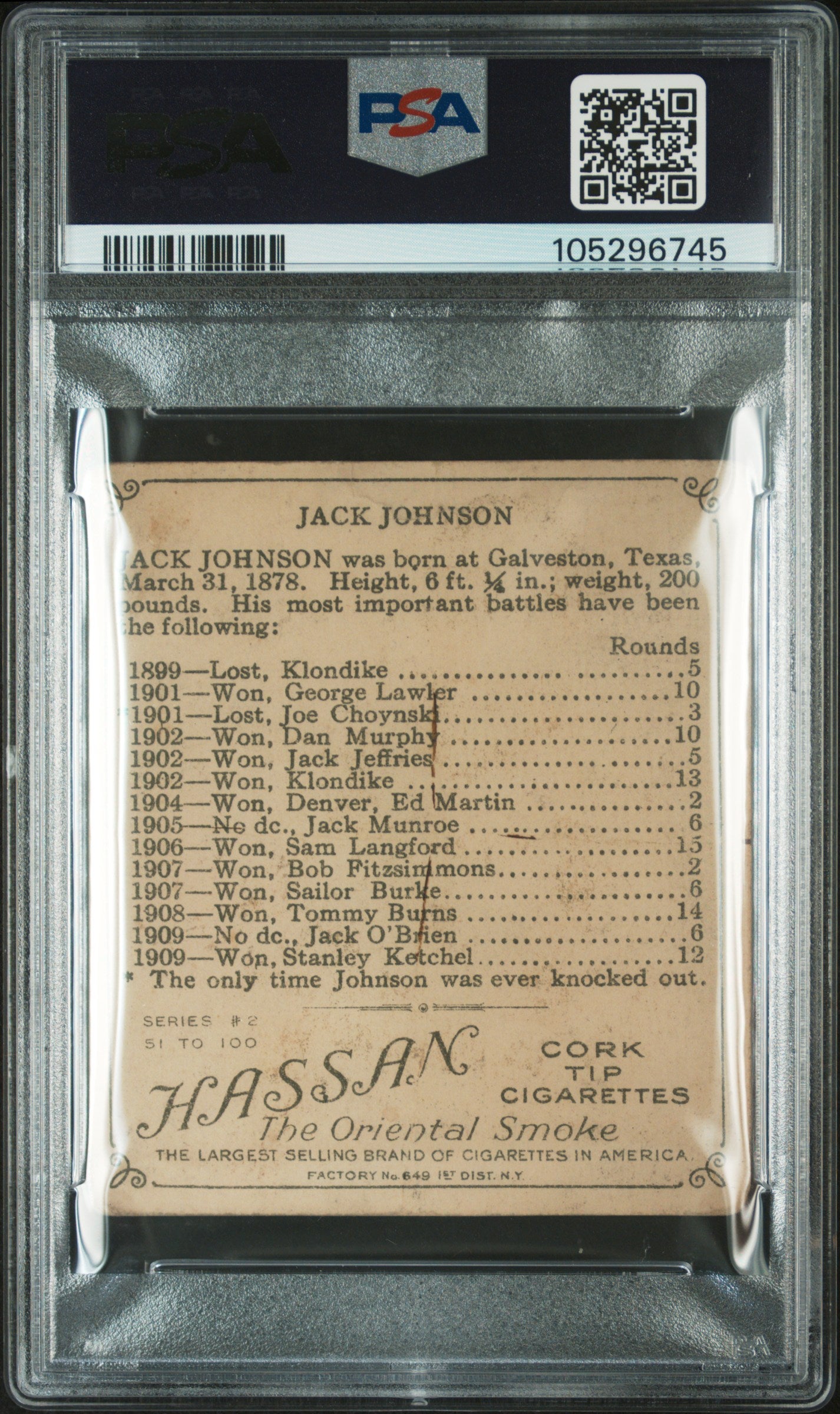 1910 T218 Champions Jack Johnson Front Face Prize Fighter PSA 2