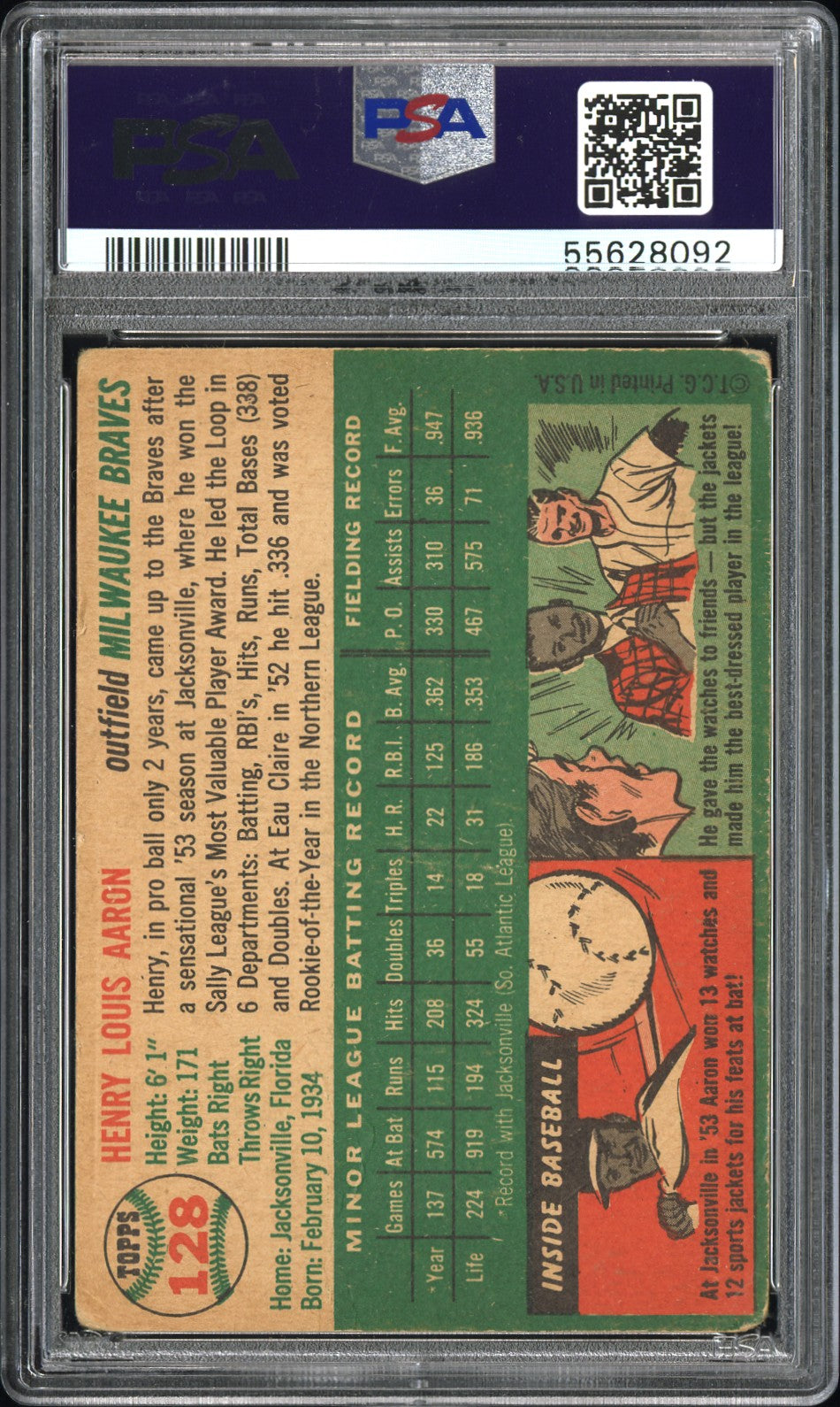 1954 Topps #128 Hank Aaron Rookie HOF Signed Autographed PSA 1.5 Auto 10