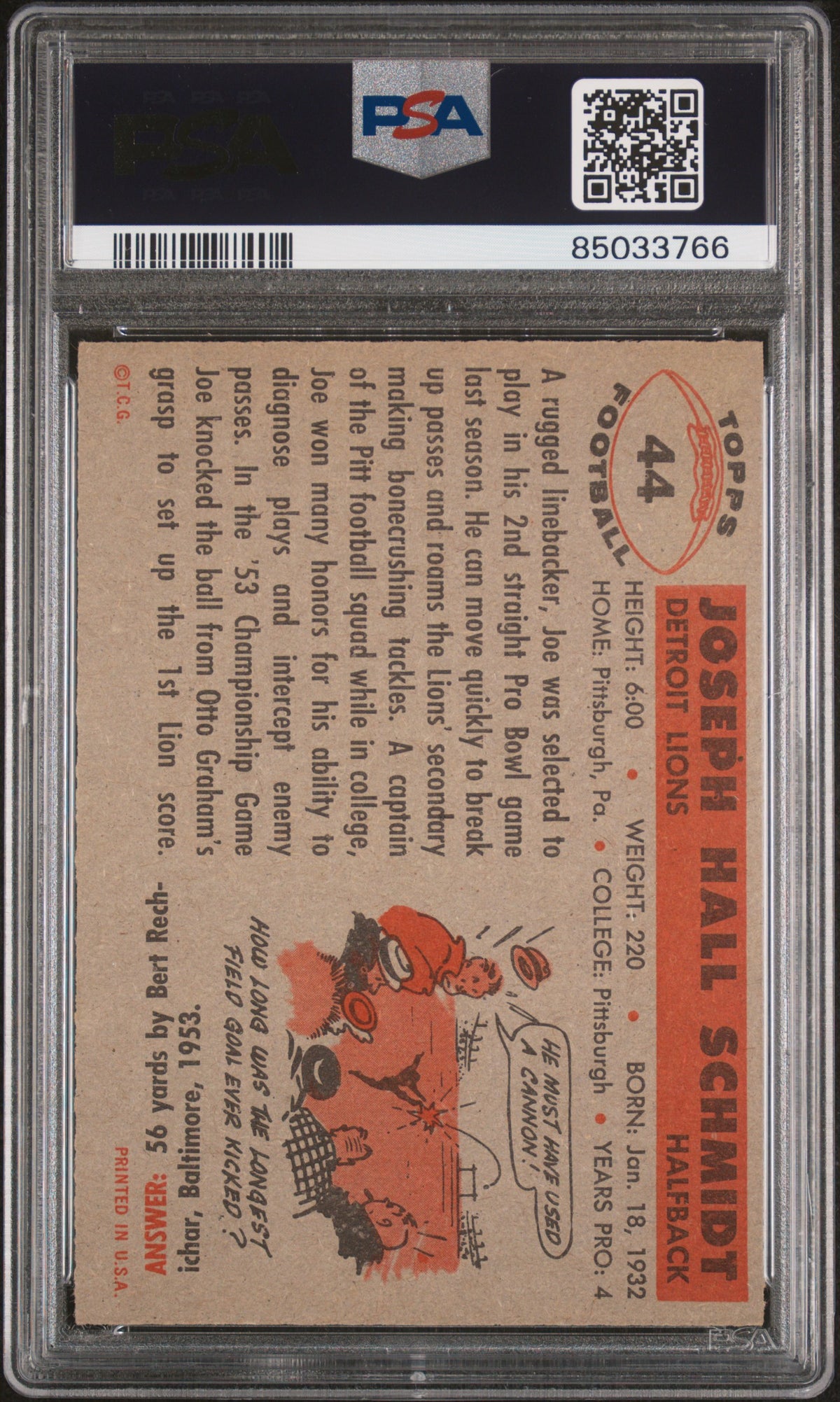 1956 Topps #44 Joe Schmidt Rookie Lions PSA 7