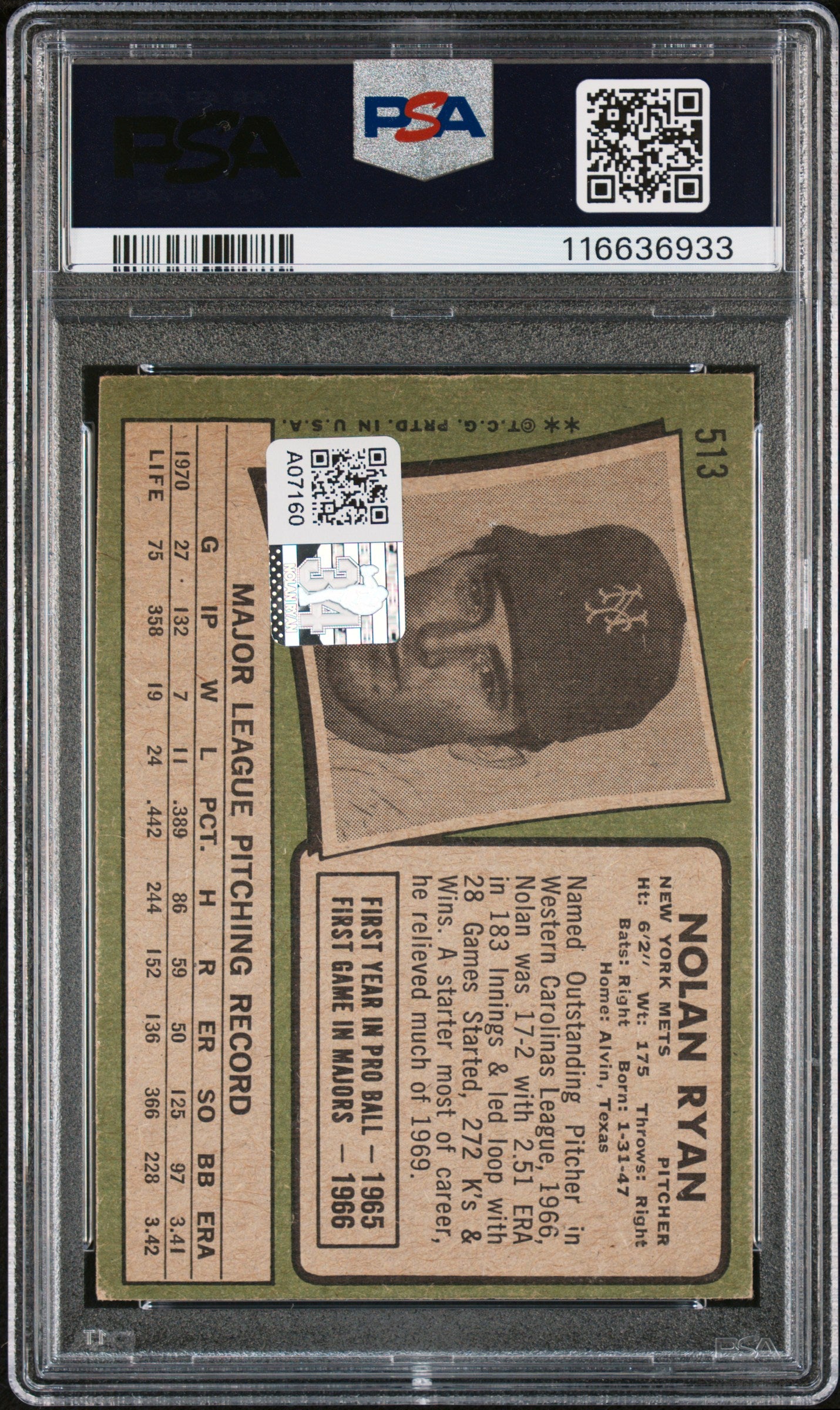 1971 Topps #513 Nolan Ryan Signed PSA Authentic Auto 10