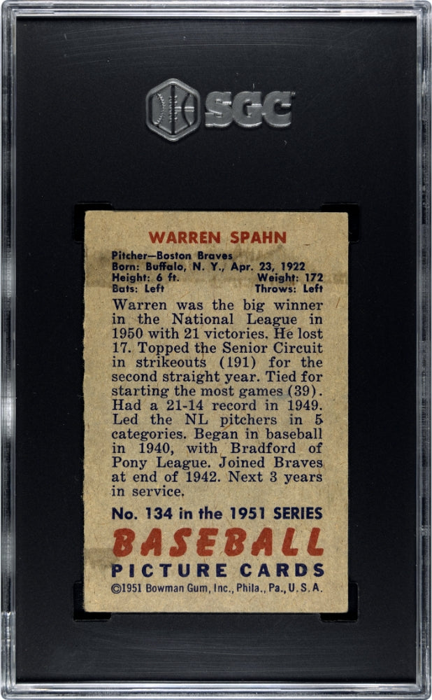 1951 Bowman #134 Warren Spahn Braves SGC 4.5 Well Centered