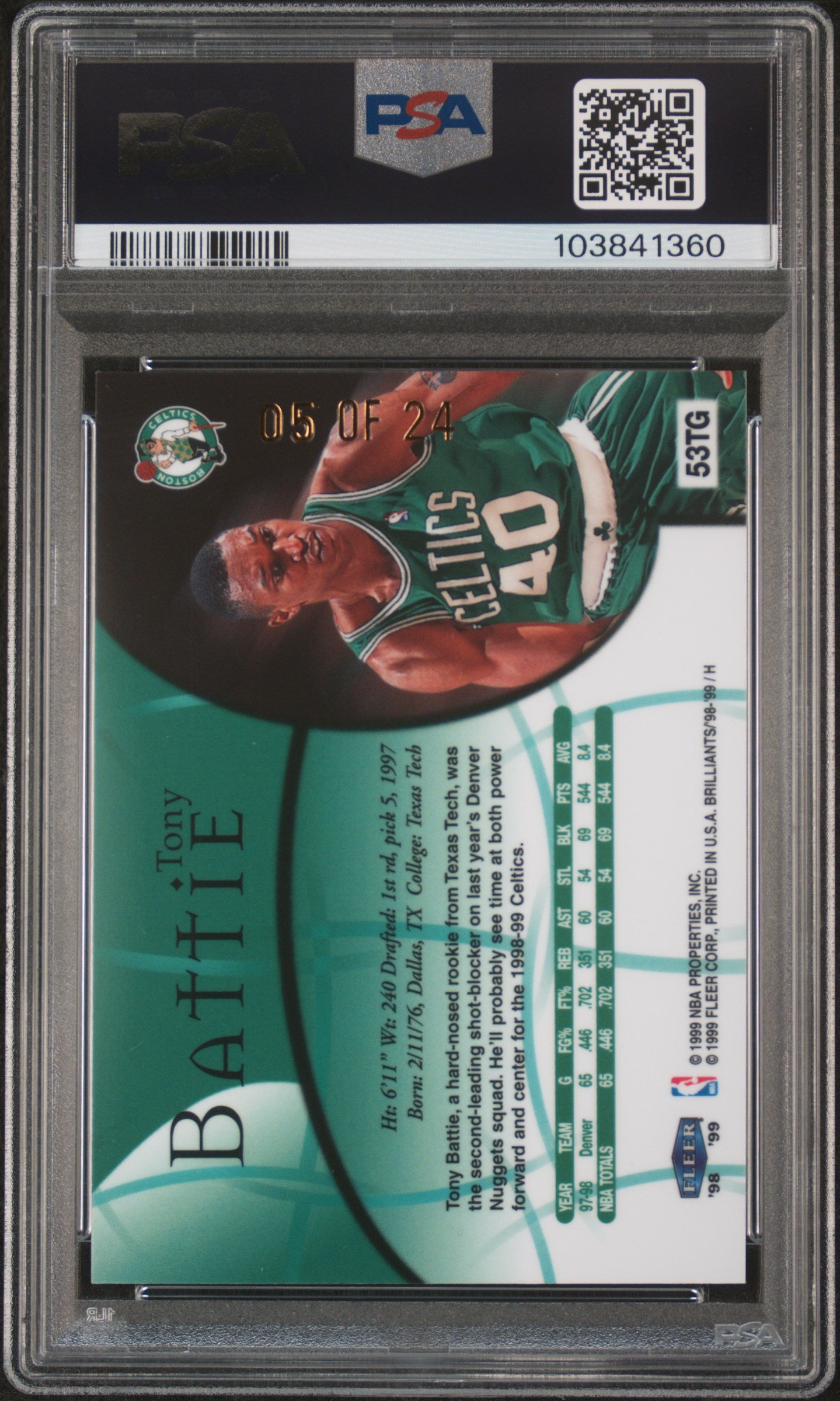 1998 Fleer Brilliants 24KT Gold #53TG Tony Battie /24 PSA 8 pop 1 Only 1 Higher