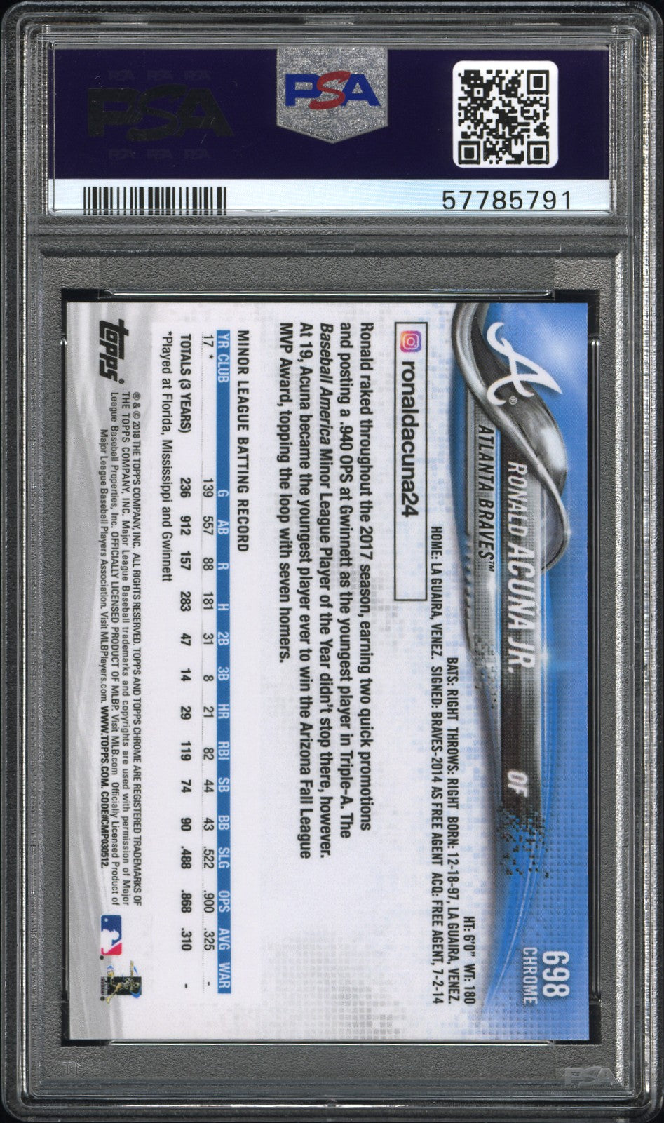 2018 Topps Chrome Sapphire Edition #698 Ronald Acuna Jr. Rookie Braves PSA 10
