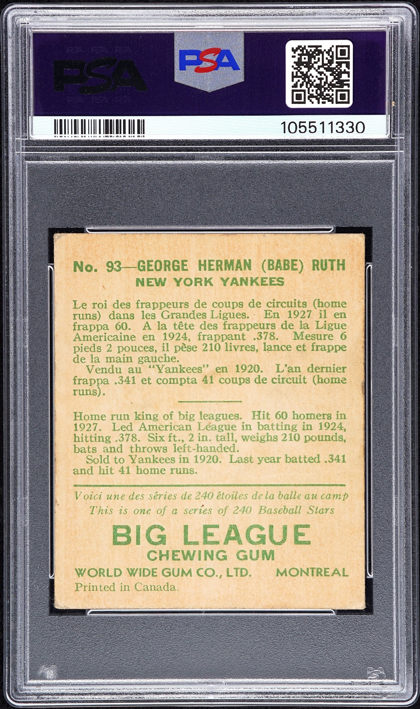 1933 World Wide Gum Goudey #93 Babe Ruth Yankees PSA 1.5