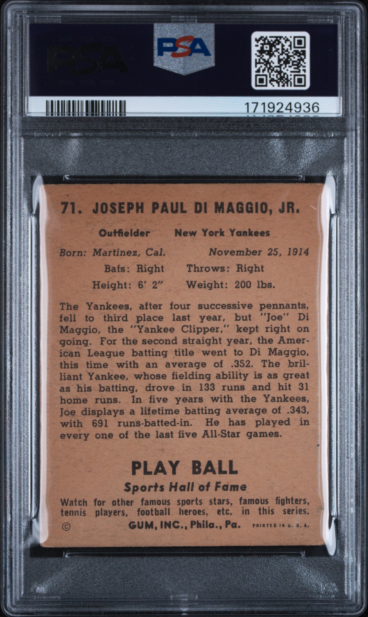 1941 Play Ball #71 Joe DiMaggio Yankees PSA 2.5 Well Centered