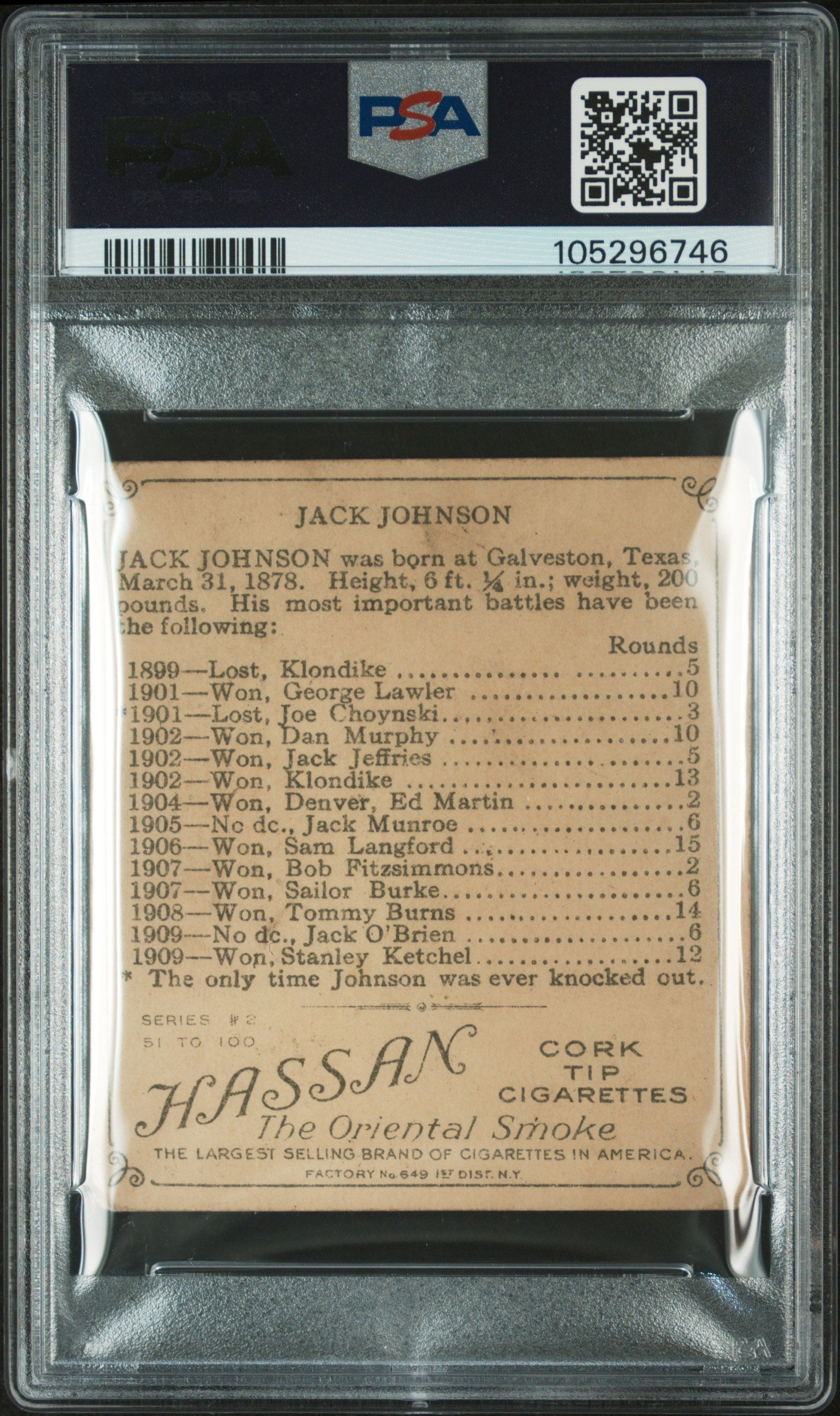 1910 T218 Champions Jack Johnson Side Face Prize Fighter PSA 1.5