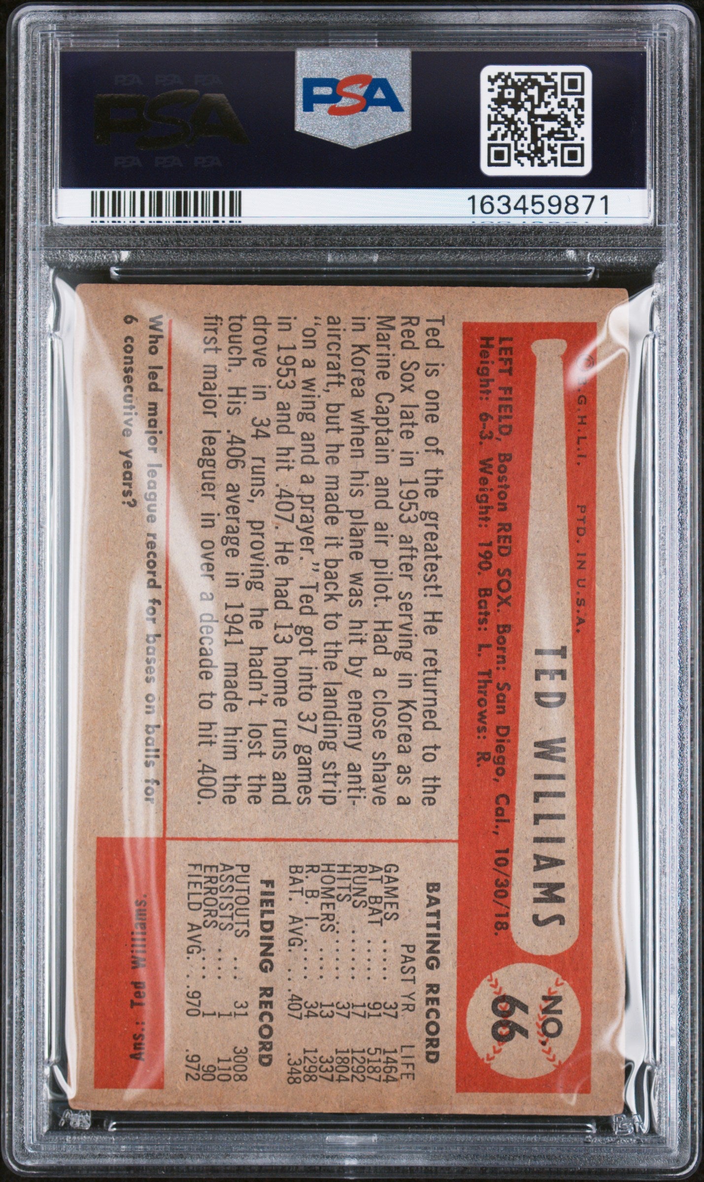 1954 Bowman #66 Ted Williams Short Print Red Sox PSA 4