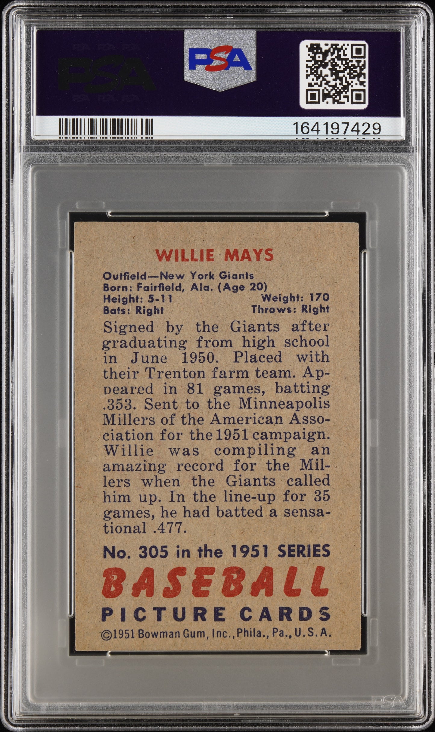 1951 Bowman #305 Willie Mays Rookie HOF Giants PSA 4