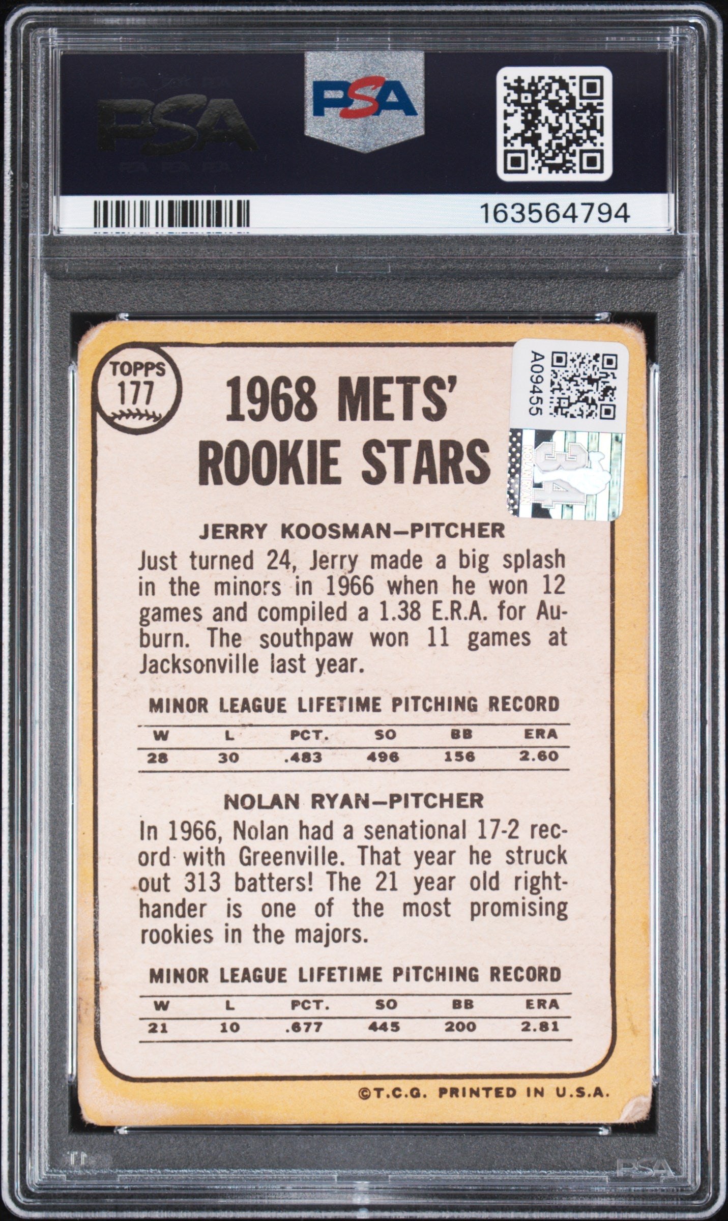 1968 Topps #177 Nolan Ryan Rookie w/ HOF Inscription PSA Authentic