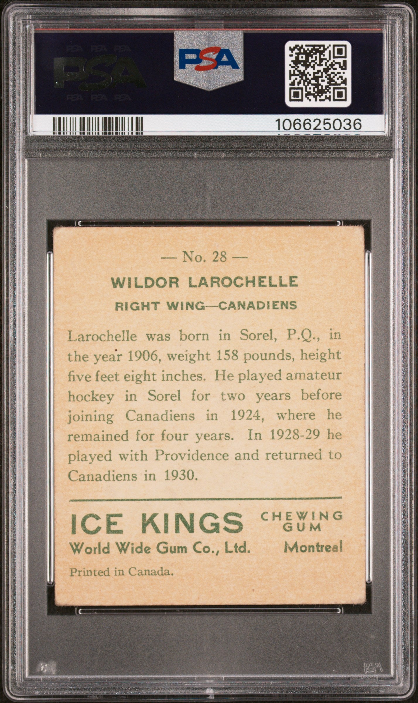 1933 World Wide Gum Ice Kings #28 Wildor Larochelle Rookie English Only PSA 2