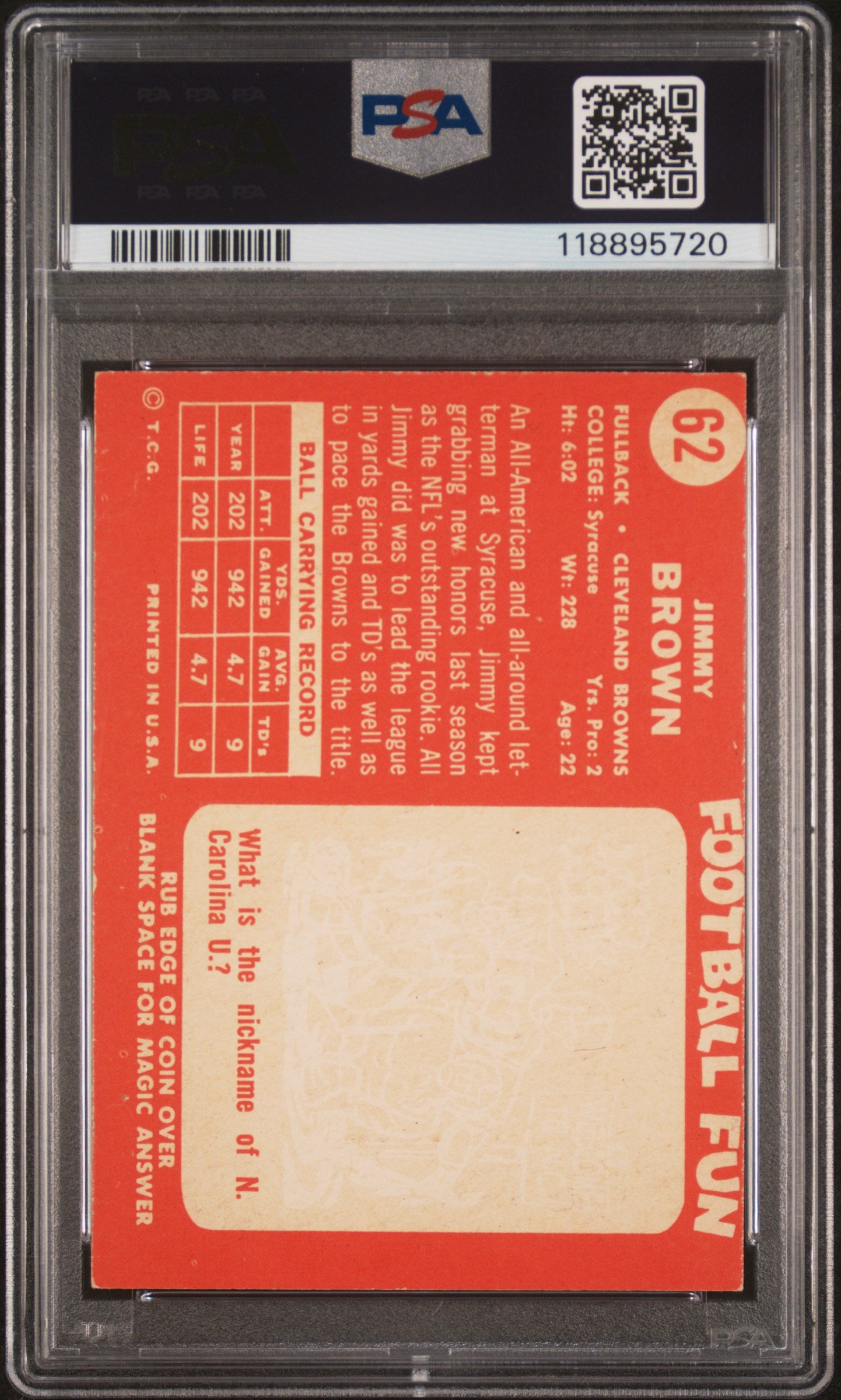1958 Topps #62 Jim Brown Rookie HOF Browns PSA 5