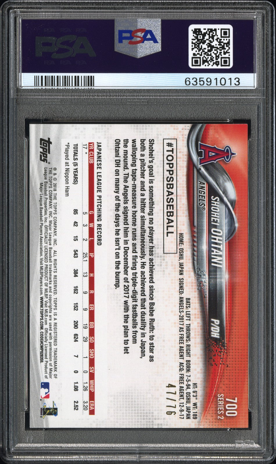 2018 Topps Independence Day #700 Shohei Ohtani Pitching Rookie /76 PSA 7